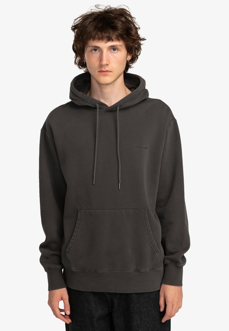 Dark gray pullover hoodie with a front pocket, drawstring hood, and subtle branding; made of soft, textured fabric.