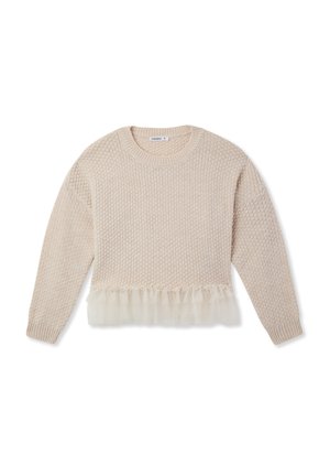 Maglione a maglia color crema con punto texture, scollatura rotonda e maniche lunghe. Presenta un orlo in tulle trasparente arricciato per un tocco di dettaglio in più.