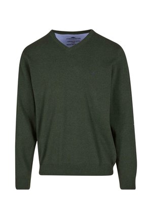 Green v-neck sweater made from knit fabric, featuring long sleeves and ribbed cuffs. Blue logo on the chest and soft texture.