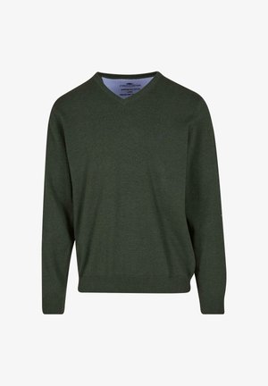Zaļš V veida kakla džemperis, izgatavots no adītas auduma, ar garām piedurknēm un ribotām aprocēm. Zils logo uz krūtīm un mīksta tekstūra.