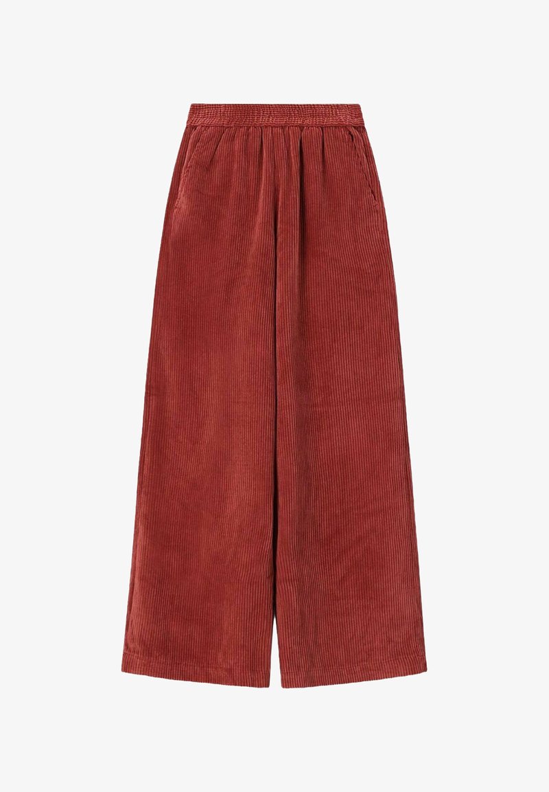 Pantalons en velours côtelé à jambes larges de couleur rouille, avec un motif côtelé texturé et une taille élastique pour le confort et la facilité d'enfilage.
