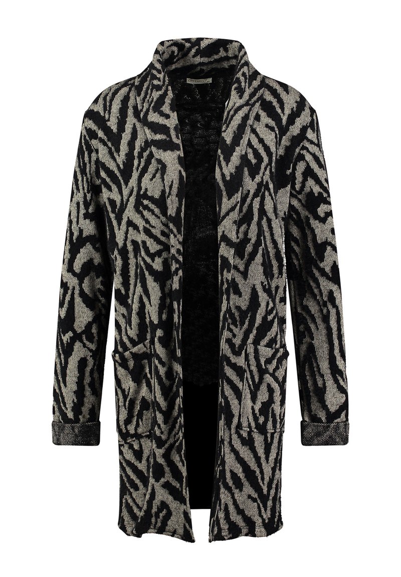 Cardigan lungo nero e beige con un motivo astratto a zigzag, apertura frontale, due tasche anteriori e tessuto strutturato.