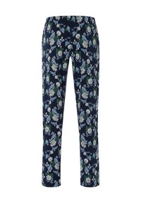 Bloemenpatronen broek in marineblauw met groene, blauwe en crème bloemen; elastische tailleband; rechte pijpen; lichtgewicht, zachte stof.