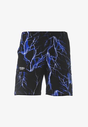 Pantaloni corti neri con motivo a fulmine blu. Realizzati in materiale leggero e dotati di tasche laterali. Logo "PHOBIA" sulla tasca sinistra.