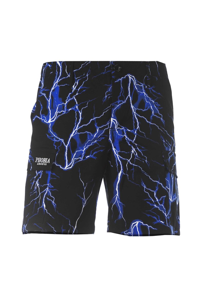 Black shorts featuring a blue lightning bolt pattern. Made from lightweight material with side pockets. Logo "PHOBIA" on the left pocket.
