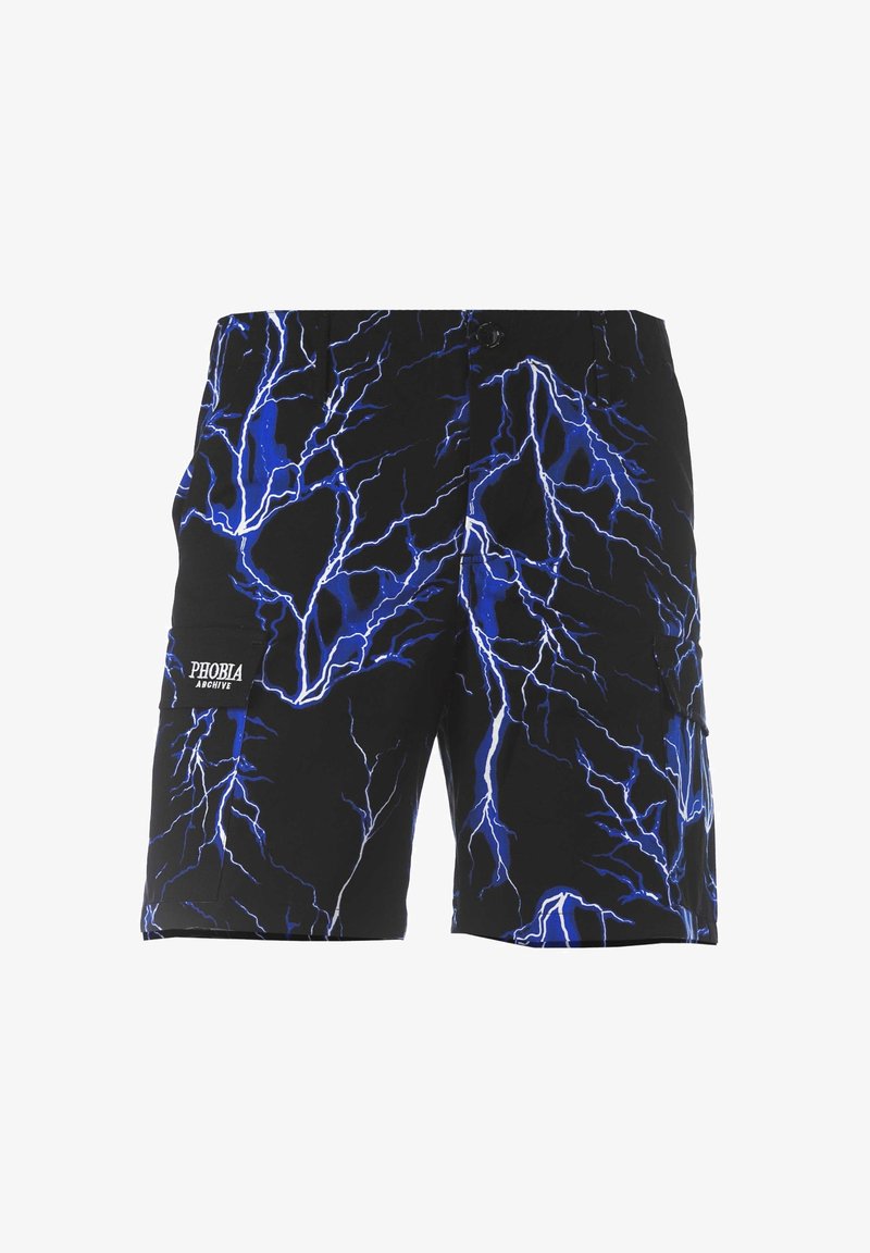 Zwarte shorts met een blauw bliksemschichtpatroon. Gemaakt van lichtgewicht materiaal met zijzakken. Logo "PHOBIA" op de linkerzak.