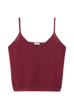 Mouwloze gebreide camisole top in bordeauxrood met dunne bandjes en V-hals, ontworpen voor casual gebruik.