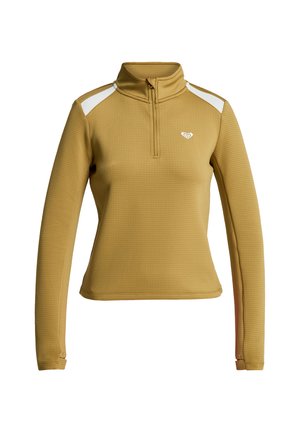 Suéter amarillo de manga larga con cuello de media cremallera, tejido texturizado, acentos blancos en los hombros y pequeño logo en el pecho.