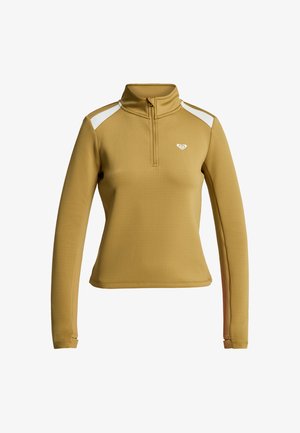 Yellow long-sleeve pullover with a half-zip collar, textured fabric, white shoulder accents, and small logo on the chest.