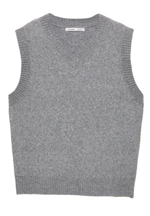Grå strikket ærmeløs sweater med v-hals, med ribbede ærmegab og kant, lavet af blødt materiale med en tekstureret overflade.