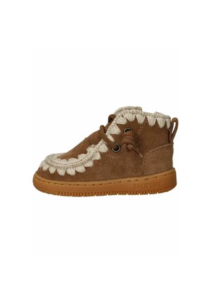 Brown suede children's ankle boot with cream stitching, laces, pull tab, and light brown rubber sole labeled "SHOESME."