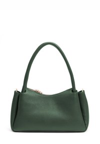 Groene leren handtas met een gestructureerde afwerking, gebogen ontwerp en een enkele handgreep. Voorzien van een ritssluiting met subtiele metalen accenten.