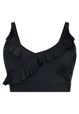 Sort BH med en flæset diagonal overlay, lavet af glat stof. Har justerbare stropper og en V-udskæring design.