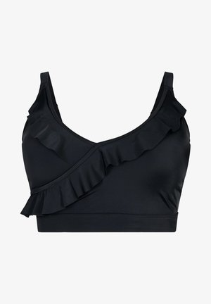 Svart bh med rynkad diagonalt överdrag, tillverkad av ett mjukt tyg. Inkluderar justerbara axelremmar och en design med v-ringning.