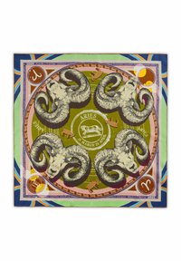 Seidenschal mit vier Widderköpfen in Schwarz und Weiß auf einem grünen und braunen kreisförmigen Hintergrund, mit astrologischen Symbolen und farbigen Rändern.