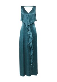Turkusowa sukienka maxi z gładkiego, pomarszczonego materiału, z dekoltem w serek i falbanką na przodzie, tworząca płynną sylwetkę.