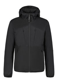 Schwarze Kapuzenjacke mit einem Vorderreißverschluss, zwei Reißverschluss-Brusttaschen und elastischen Bündchen. Aus leichtem, wasserabweisendem Material gefertigt.