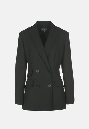 Dubbelzijdig zwart blazer van op maat gemaakte stof. Voorzien van een gesneden revers, twee zijzakken en twee grote knopen aan de voorkant.