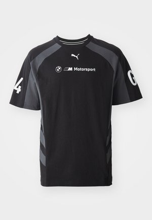 Black t-shirt with grey accents, short sleeves, crew neck, featuring BMW and Puma logos, and the number '4' on the sleeve.