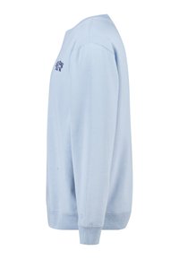 Lichtblauwe sweatshirt met een ronde hals, lange mouwen en geribbelde boorden. Voorzien van een gedrukt logo in donkerblauw op de borst.