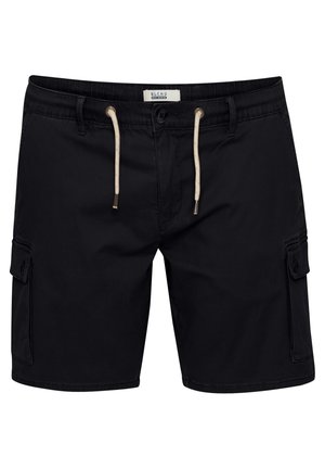 Black cargo shorts made of fabric with side pockets and a drawstring waist. Features include a button closure and smooth texture.