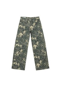Pantaloni con motivo mimetico, caratterizzati da una combinazione di tonalità verdi e beige, realizzati in denim, con un design a gamba dritta e stile classico a cinque tasche.