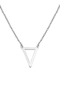 Silberne Halskette mit einem geometrischen, dreieckigen Anhänger. Der Anhänger hat ein offenes Design und ist an einer zarten Kette mit runden Gliedern befestigt.