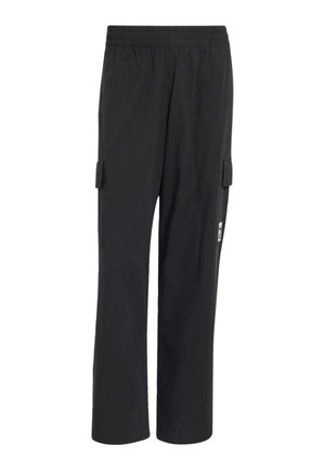 Pantalones negros de pierna recta con cintura elástica y bolsillos cargo a ambos lados, con un pequeño logo blanco en el bolsillo derecho.