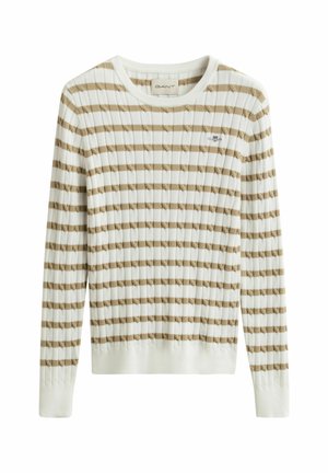 Witte geribbelde trui met beige horizontale strepen en klein geborduurd logo op de borst, lange mouwen en ronde halslijn.