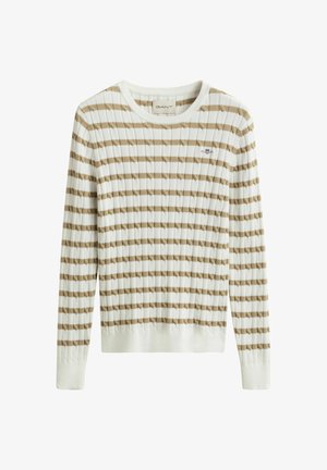 Maglione bianco a coste con righe orizzontali beige e piccolo logo ricamato sul petto, maniche lunghe e scollo tondo.