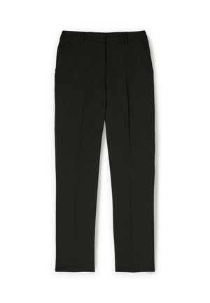 Black tailored trousers featuring a straight leg design, flat front, and belt loops. Made from a smooth fabric with a polished finish.