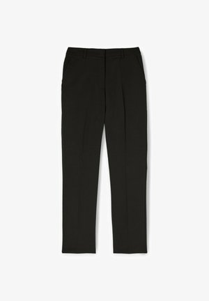 Pantaloni neri su misura con un design a gamba dritta, frontale piatto e passanti per cintura. Realizzati in un tessuto liscio con una finitura lucida.