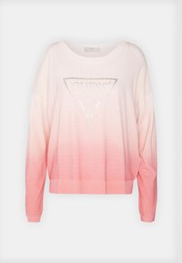 Sweatshirt rose dégradé avec des manches longues, un large décolleté et un logo triangulaire orné de clous sur le devant. Texture de tissu douce.