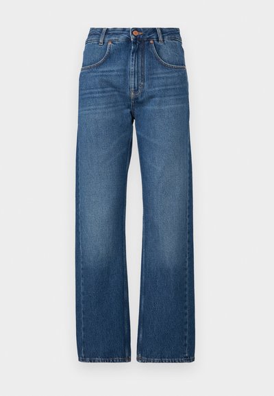 Hoge taille, wijde jeans in donkerblauwe denim. Voorzien van zichtbare stiksels, twee voorzakken en een enkele knoopsluiting in de taille.