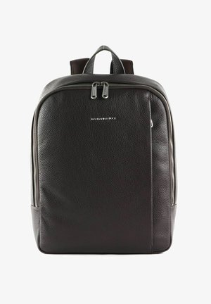 Black leather backpack with a textured finish, dual zipper closure, padded shoulder straps, and subtle branding on the front.