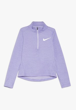 Pull-over Nike violet avec zip quart, manches longues, tissu texturé et logo blanc sur la poitrine. Caractérisé par un ourlet incurvé.