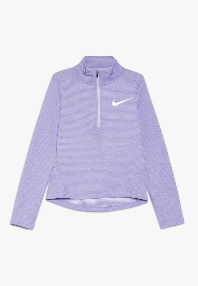 Lila Nike-Pullover mit viertelzip, langen Ärmeln, strukturiertem Stoff und weißem Logo auf der Brust. Mit abgerundetem Saum.