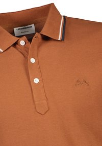 Polo shirt à coupe décontractée en orange brûlé, en tissu texturé, avec patte de boutonnage à trois boutons, logo brodé sur la poitrine, rayures contrastées au col.