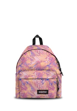 Sac à dos avec motif de feuilles tropicales rose, violet et jaune, poignée noire, poche avant zippée et écusson du logo Eastpak sur la poche.