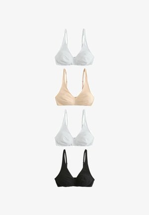 Drei BHs in Weiß, Nude und Schwarz. Weicher Stoff mit glatter Textur, dreieckige Körbchen und dünne, verstellbare Träger.