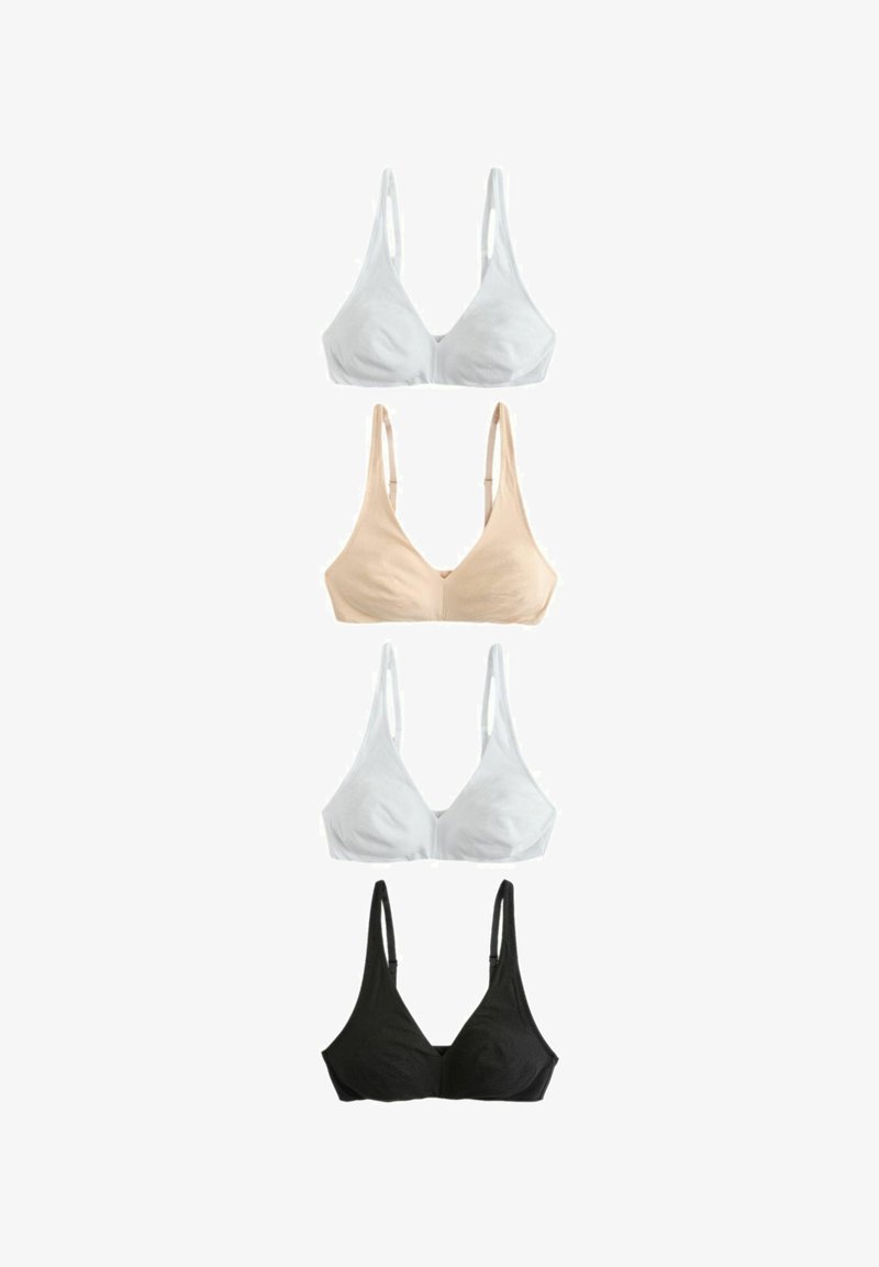Tre bh'er i hvid, nude og sort. Blødt stof med en glat tekstur, trekantede kopper og tynde, justerbare stropper.