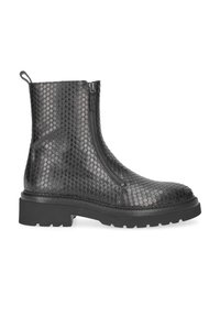 Black ankle boots made of textured material resembling snakeskin, featuring a side zipper and a chunky, rugged sole.
