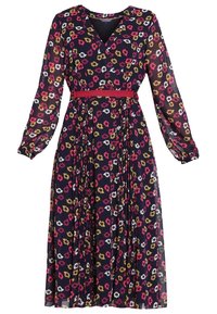 Langärmliges Kleid aus marineblauem Stoff mit floralem Muster in Rosa, Gelb und Weiß. Mit V-Ausschnitt und einem roten Taillengürtel. Fließendes Design.