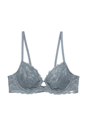 Kanten bralette in zachtblauw met gegolfde randen, onderbuste ondersteuning en dunne verstelbare bandjes. Heeft een keyhole-detail aan de voorkant.