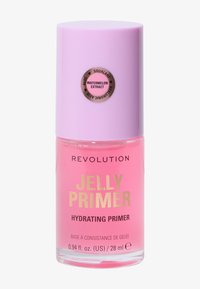 Revolución Jelly Primer en un frasco transparente con una textura parecida a gelatina de color rosa. Tiene una tapa de color púrpura claro y una etiqueta que resalta el extracto de sandía.