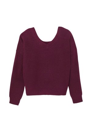 Pull en tricot couleur vin avec un décolleté en V profond, des manches larges et une coupe décontractée. Tissu texturé avec des détails côtelés et une longueur cropped.