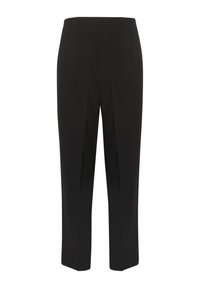 Pantalon noir sobre à coupe droite, avec deux plis sur le devant, une texture lisse et un ourlet qui s'arrête au-dessus de la cheville.