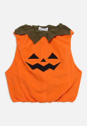 Haut de costume citrouille orange avec visage de jack-o-lantern noir et col vert, conçu pour un enfant.