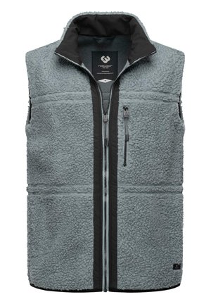 Fleece vest in light gray with a black collar and contrasting black zipper. Features zippered side pockets and textured fabric.