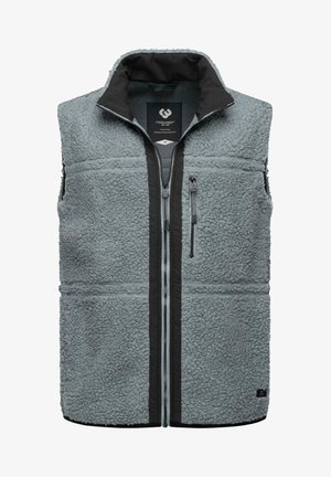 Fleece-Weste in Hellgrau mit schwarzem Kragen und kontrastierendem schwarzen Reißverschluss. Verfügt über seitliche Reißverschlusstaschen und strukturiertes Material.